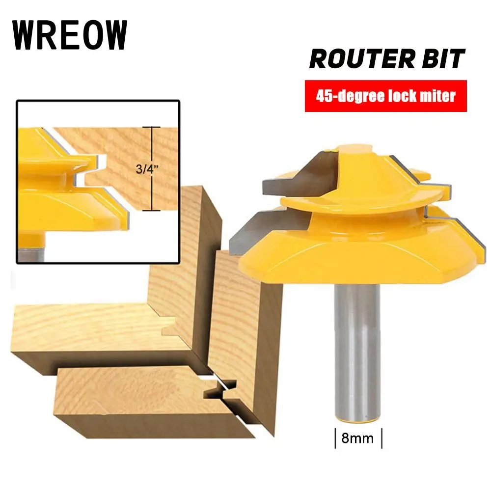 45Degree Lock Miter Router Bit 8mm Shank Trimmer Milling Joint Tenon Cutter Tool