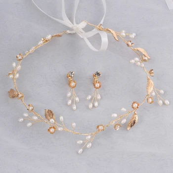 

Delicate Pearls Bridal Hair Vine Handmade Gold Leaf Wedding Hair Jewelry