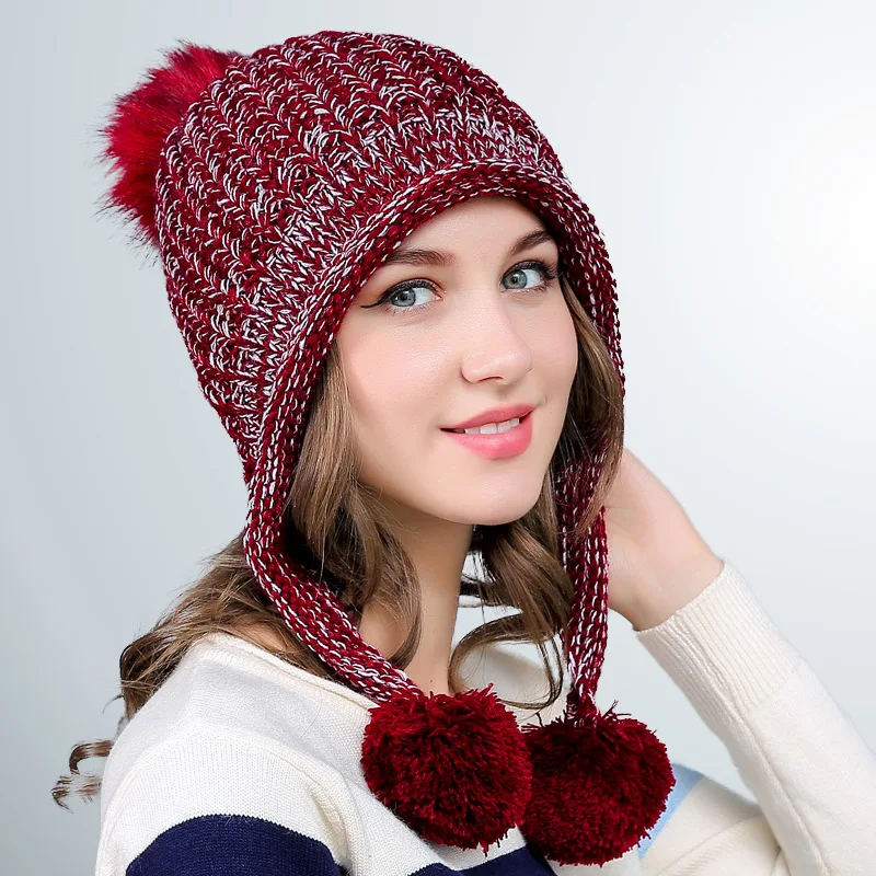 Женская зимняя шапка для взрослых шерстяная Skullies теплый толстый помпон модная