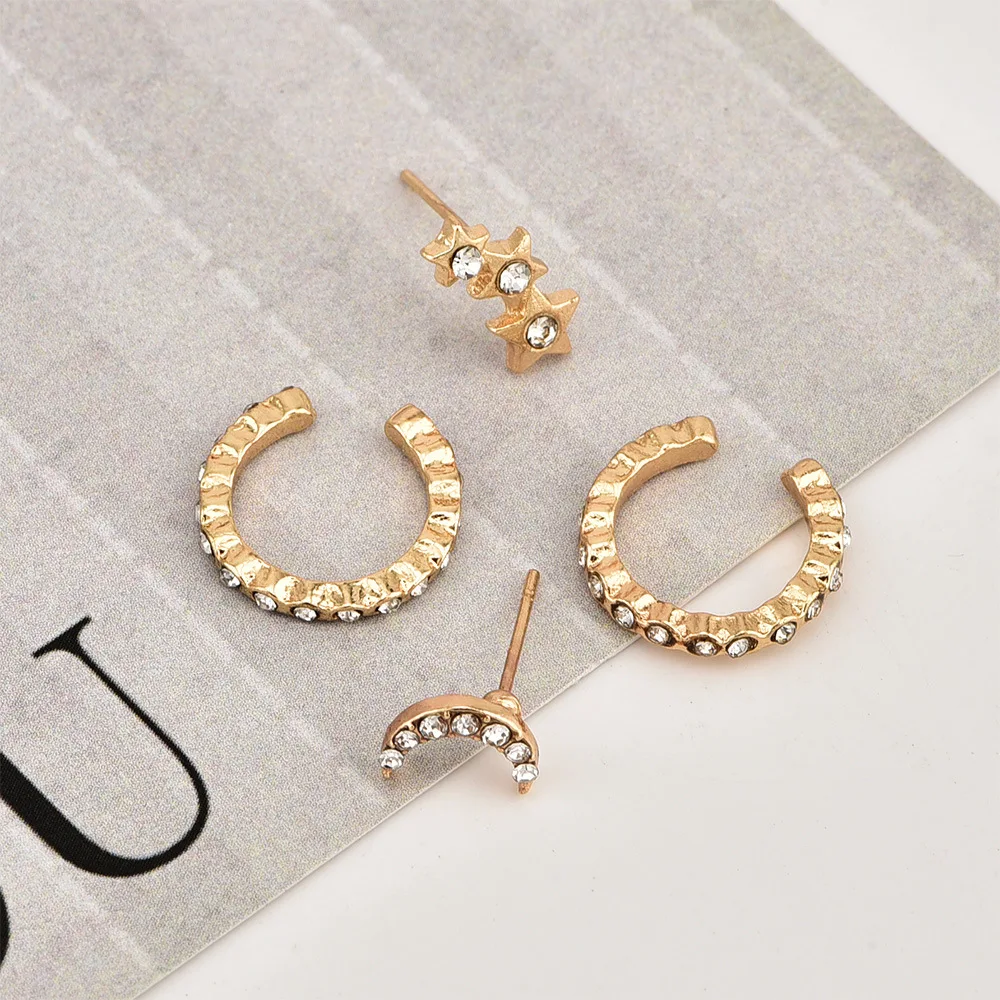 4PCS/Set Trendy Small Round Ear Cuff Earrings for Women GoldStar Moon Rhinestone Clip Earrings Women Elegant Jewelry wholesale