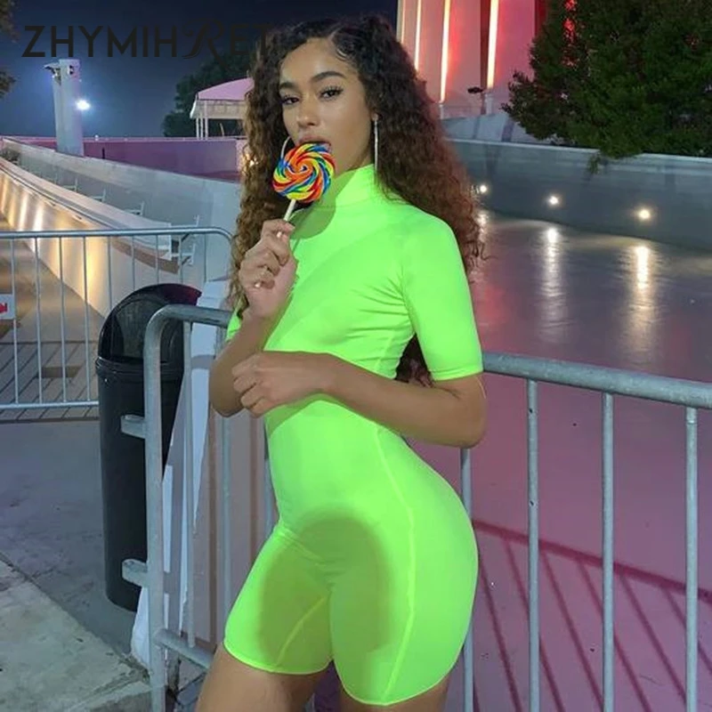 ZHYMIHRET الصيف الياقة المدورة النيون اللون Playsuit 2019 جديد نحيل الجسم موهير مضان ارتداءها المرأة مثير قصيرة بذلة