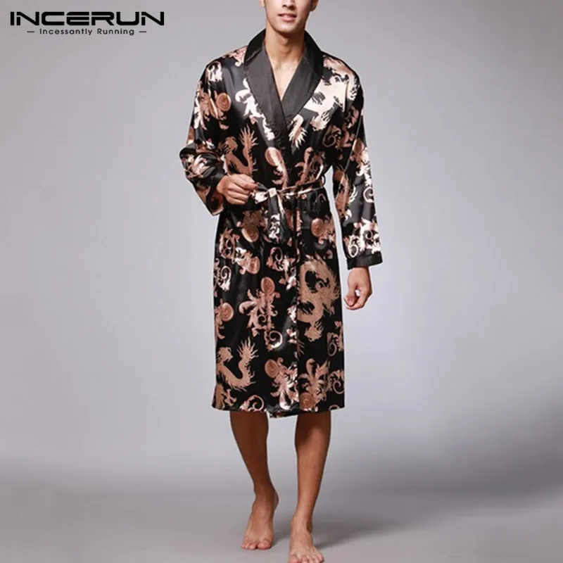 INCERUN 2019 для мужчин халат пижамы из искусственного шелка халаты Ночная рубашка с длинным рукавом Китайский Дракон печати удобные кимоно