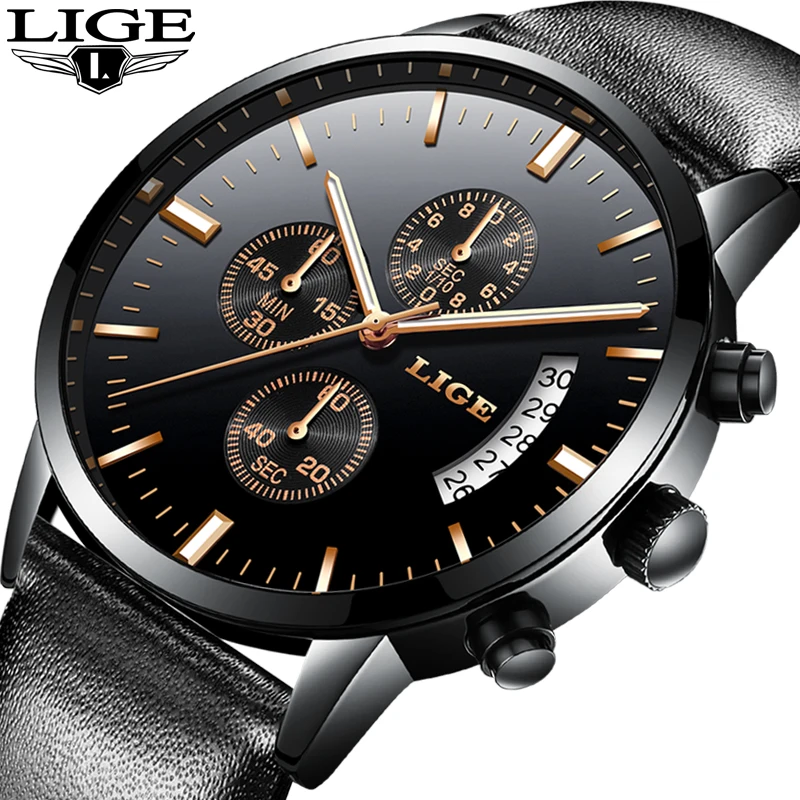 

LIGE Luxury Brand Men Watches Sport Waterproof Quartz Watch Fashion Business Men Leather Clock relogio masculino relojes hombre
