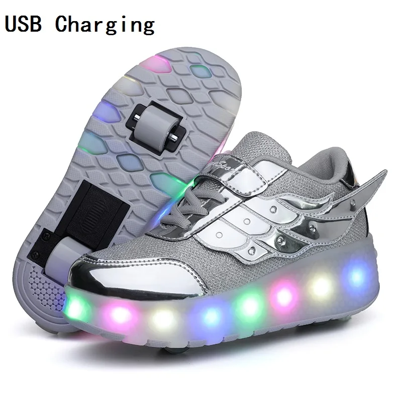 Children One Two Wheels Luminous Glowing Sneakers Gold Pink Led Light Roller Skate Shoes Kids Led Shoes Boys Girls USB Charging 3