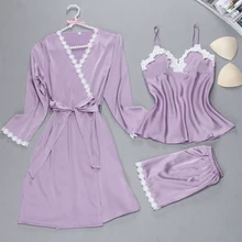 3 шт./компл. Сексуальное Женское атласное шелковое ночное белье Комплект халат+ топы без рукавов+ шорты комплекты ночных рубашек нижнее белье ночное белье, пижама femme