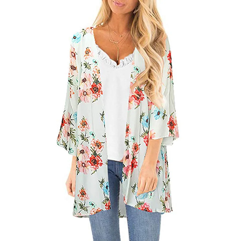 

2019 Summer Cardigan Beach Shirts Printed Holiday Flower Print Smock Easy Top Long Cover-up Kimono Clothing Blusas L516