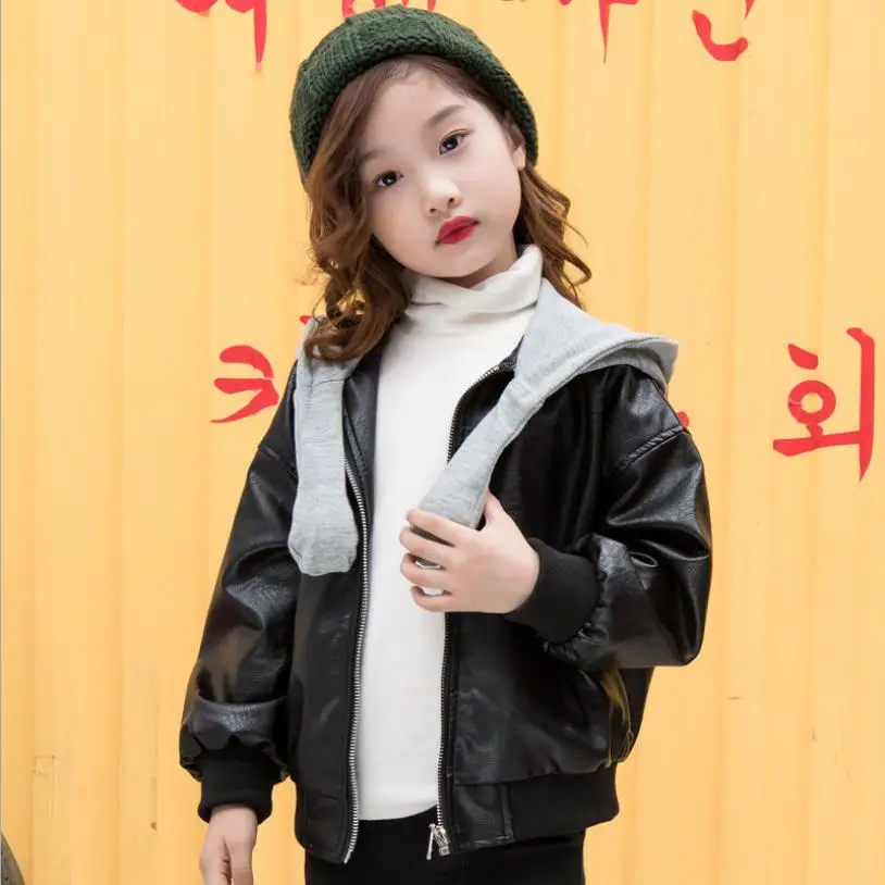 

Spring autumn new Unisex baby hooded Pu leather jackets children cartoon cute coats outerwear teens clothes kids tops ws716