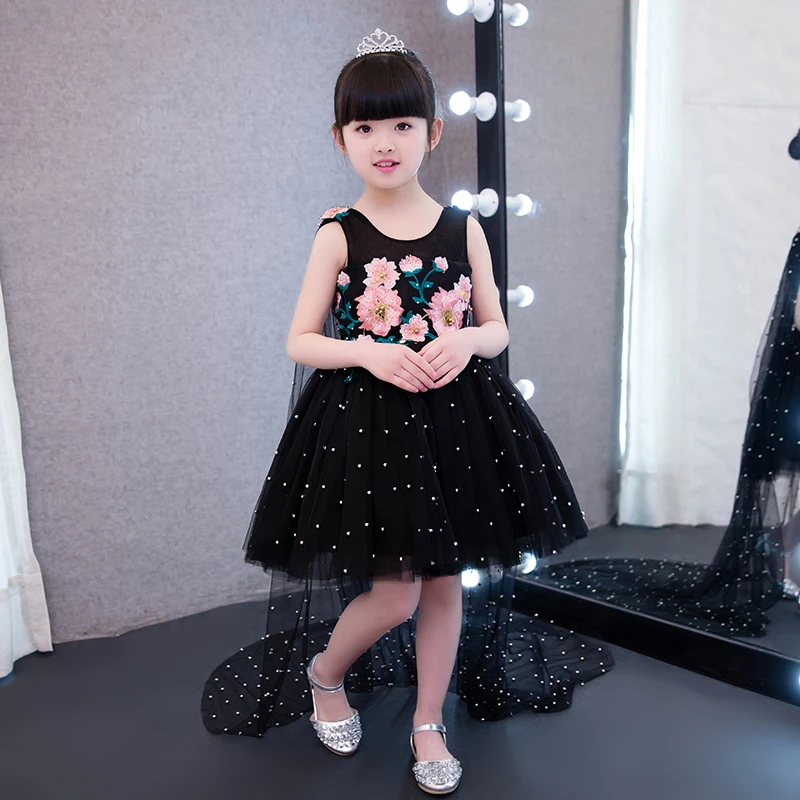 

2017 New Korean Luxury Beautiful Black Color Children Girls Birthday Party Long Tail Dress Birthday Wedding Ball Gown Dresses
