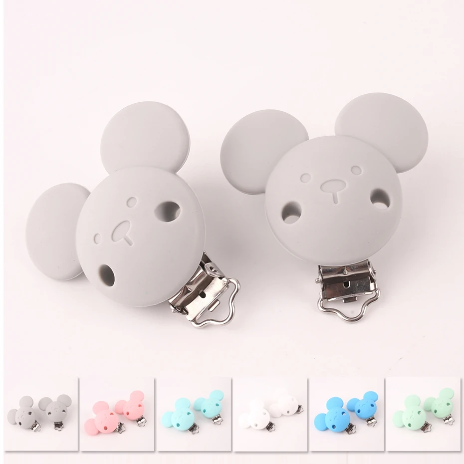 

Bite Bites Silicone Teether Cute Grey Bear Head Shaped 1PC Pacifier Clip Rodent Silicone DIY Pacifier Chain Tools Baby Teether