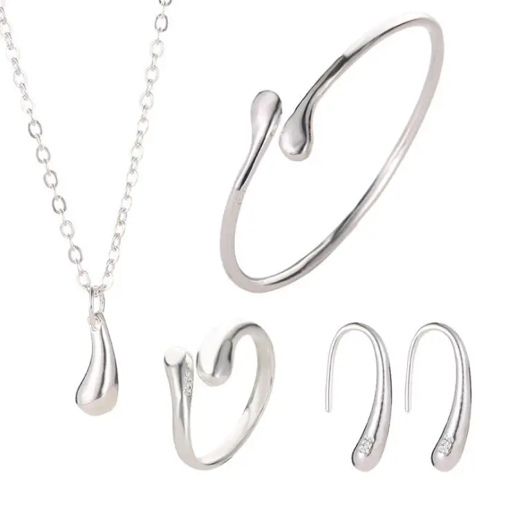 

High Quality Hot Fashion Wedding Bridal Jewelry Set Silver Water Drop Bangles Necklace Rings Earrings Sets for Women drop ship