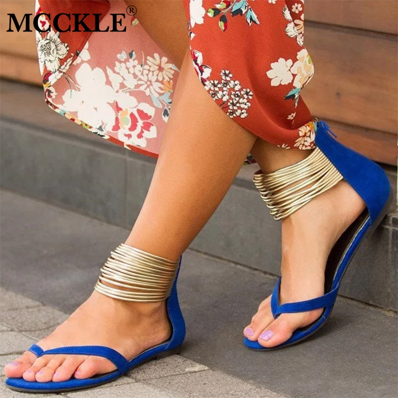 baratas MCCKLE Mulheres Verão Casuais Sandálias Flat Plus Size Chinelos Femininos Rebanho Decoração Zíper de Metal No Tornozelo Envoltório Sapatos de Lazer