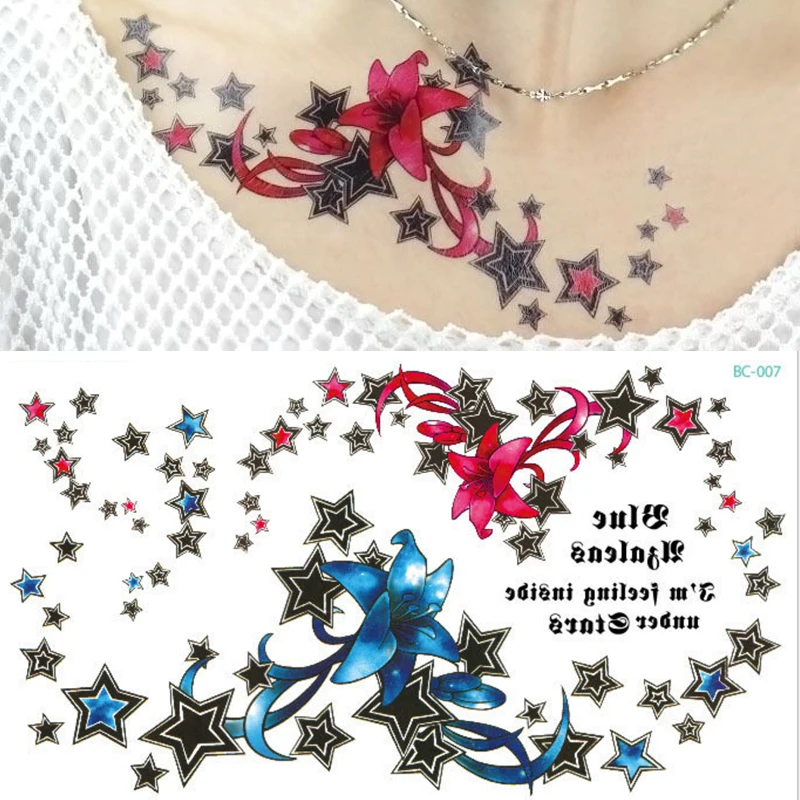 

1sheet Chest Flash Tattoo 23models large Colored flower star Sternum tattoo body paint necklace Under breast 24*13.8cm cool girl