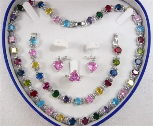 

Beautiful Multicolor Zircon Link Bracelet Earrings Ring Necklace Set^^^18K GP style Fine jewe Noble Natural jade