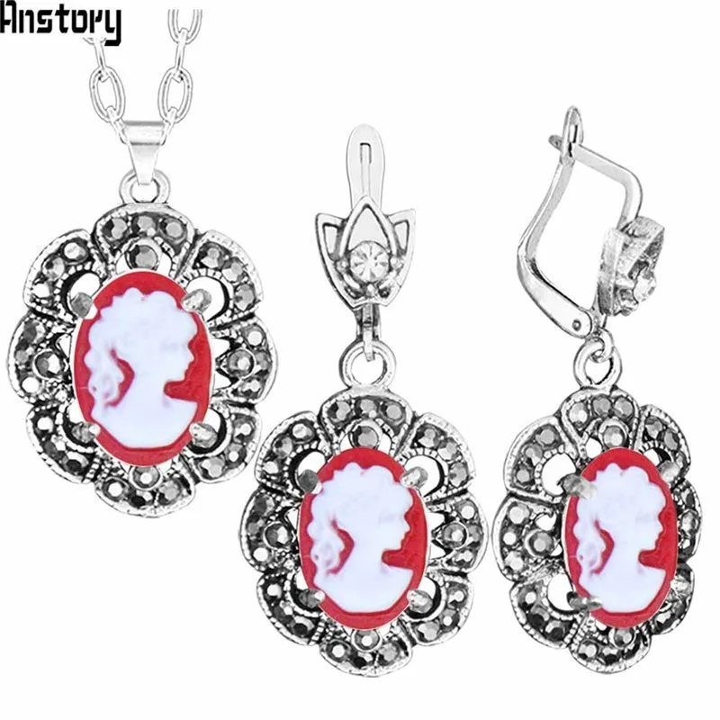 Vintage Lady Queen Cameo Jewelry Sets Plumflower Pendant Rhinestone Fashion Jewelry TS431 - Окраска металла: Red