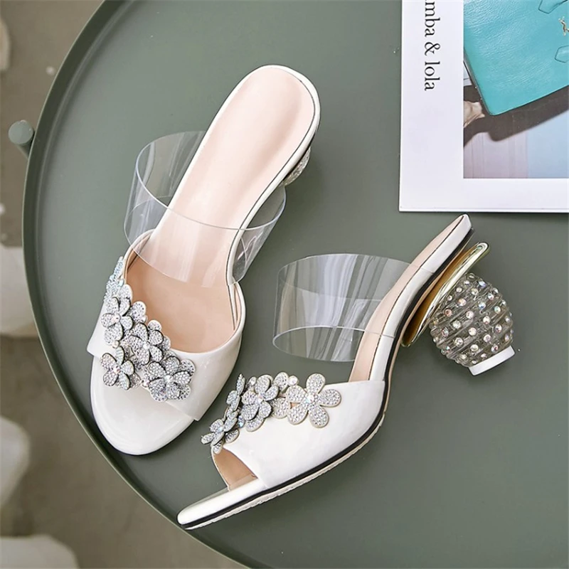 MSSTOR Crystal Appliques Summer Slippers White Genuine Leather Fashion Casual Women Shoes High Heel Peep Toe Slippers Women MSSTOR Crystal Appliques Summer Slippers White Genuine Leather Fashion Casual Women Shoes High Heel Peep Toe Slippers Women