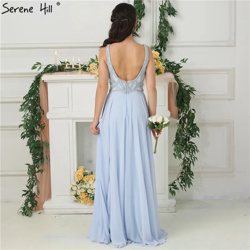 Sky Blue Chiffon Sexy Sleeveless Prom Dresses Beading Pearls V-Neck Beach Evening Gowns Real Photo LA6697