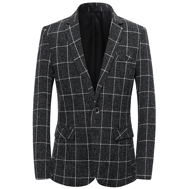 

Men Casual Suit 2019 Spring New Men Jacket Tops Thin Plaid Slim fit Blazer Black Grey White 2032
