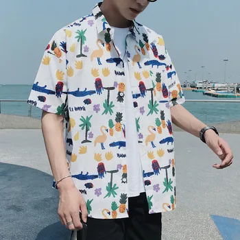 

spring and summer new men's Hawaiian shirt long-sleeved loose funny cartoon print fashion wild casual personality