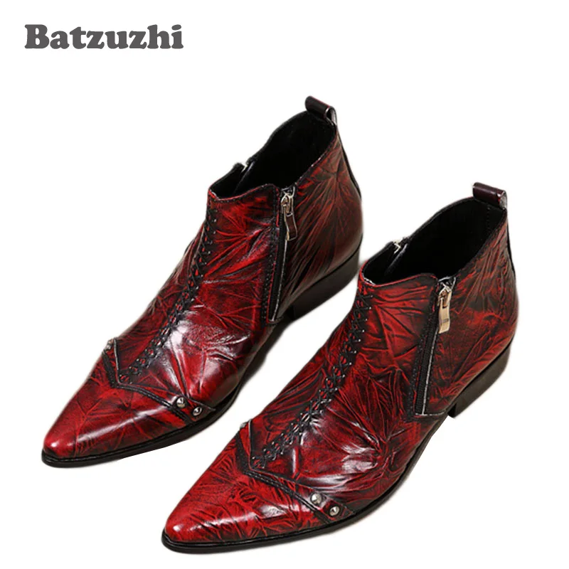 Batzuzhi Italian Style Boots Men Fashion Red Dress Leather Boots Zip Pointed Toe Red Leather Ankle Boots for Man Party/Wedding batzuzhi fashion luxury blue black boots women pointed toe leather boots knee high sexy party wedding runway botas mujer