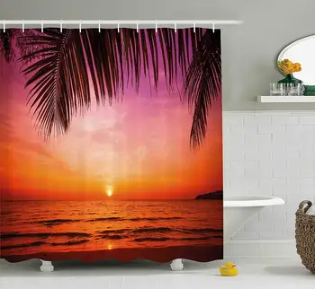 

Tropical Shower Curtain Exotic Sunset Above Sea Scene from Coconut Palm Tree Leaf Heaven Picture Bathroom Set Pink Orange