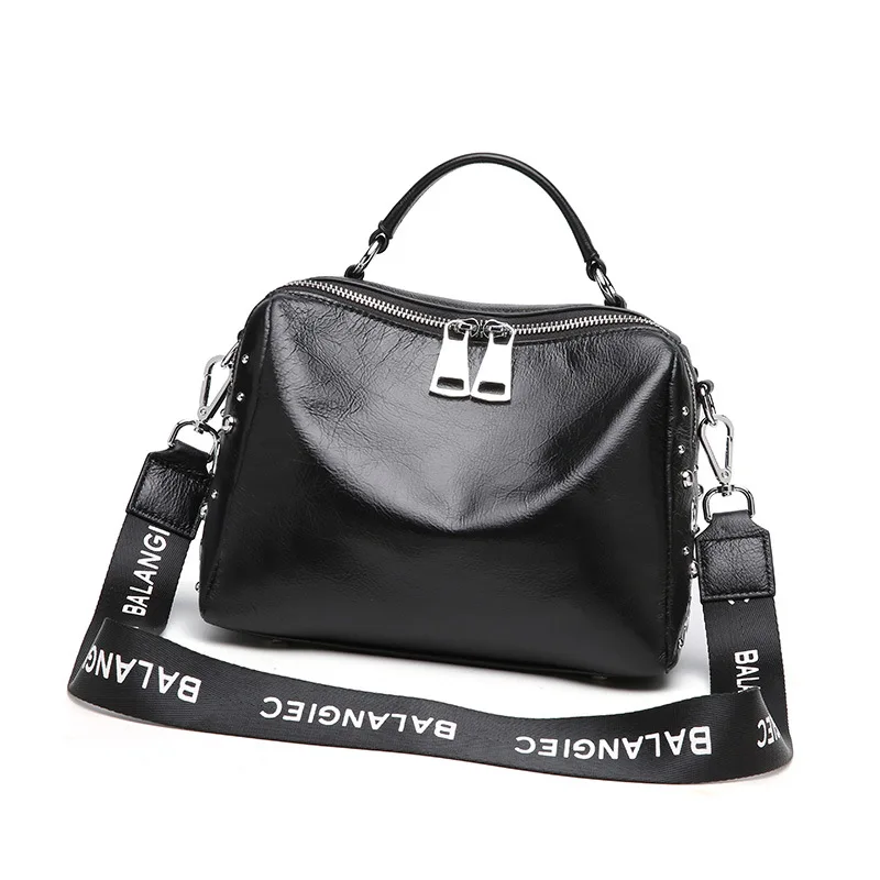 

New ladies soft leather cross section zipper small square bag first layer cowhide simple large capacity rivet shoulder Messenger