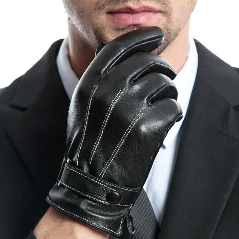 Genuine Leather Gloves Male Wrist Buckle Sheepskin Gloves Winter Keep