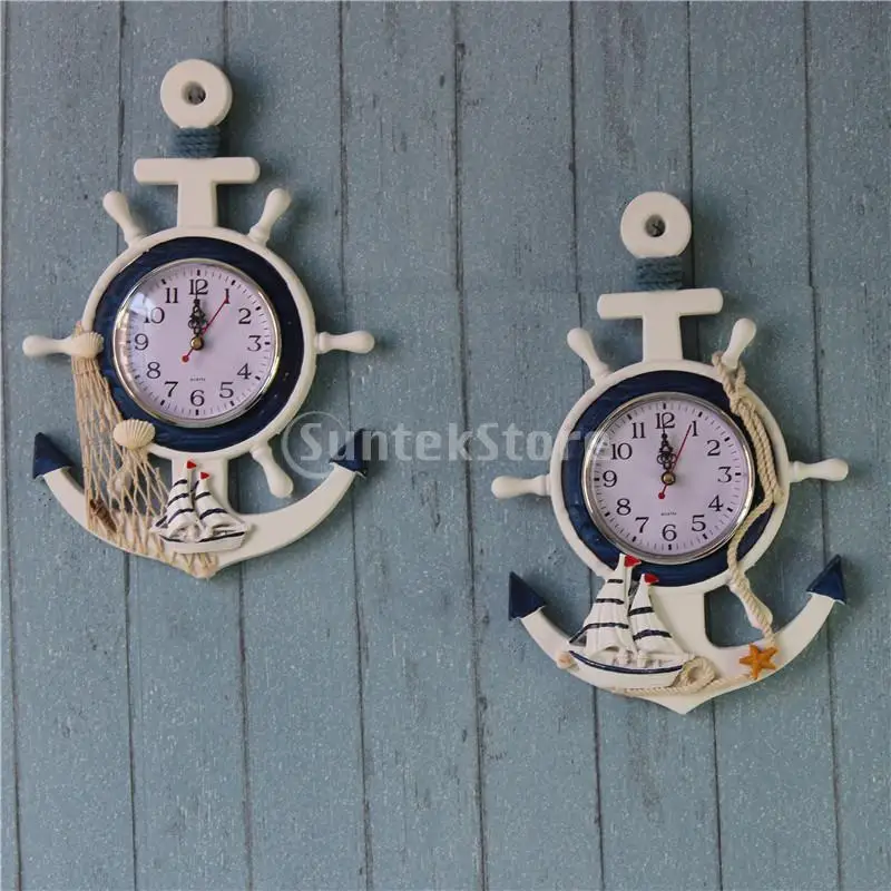 

White Nautical Anchor Ship's Steering Wheel Hanging Clock Starfish / Fishing Net Home Room Decor