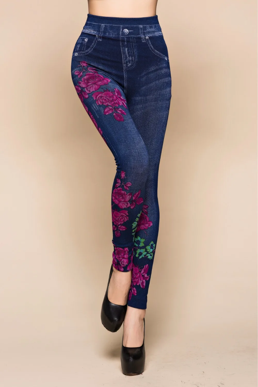 Fashion Slim Women Spring Summer Leggings Faux Denim Jeans Leggings Long Floral Printing Casual Pencil Pants Thin Fleece Inside white leggings