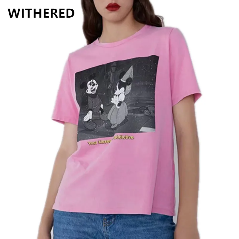 

Withered high street cartoon printing cute mouse pink cotton o-neck t shirt women harajuku tshirt camisetas verano mujer 2019