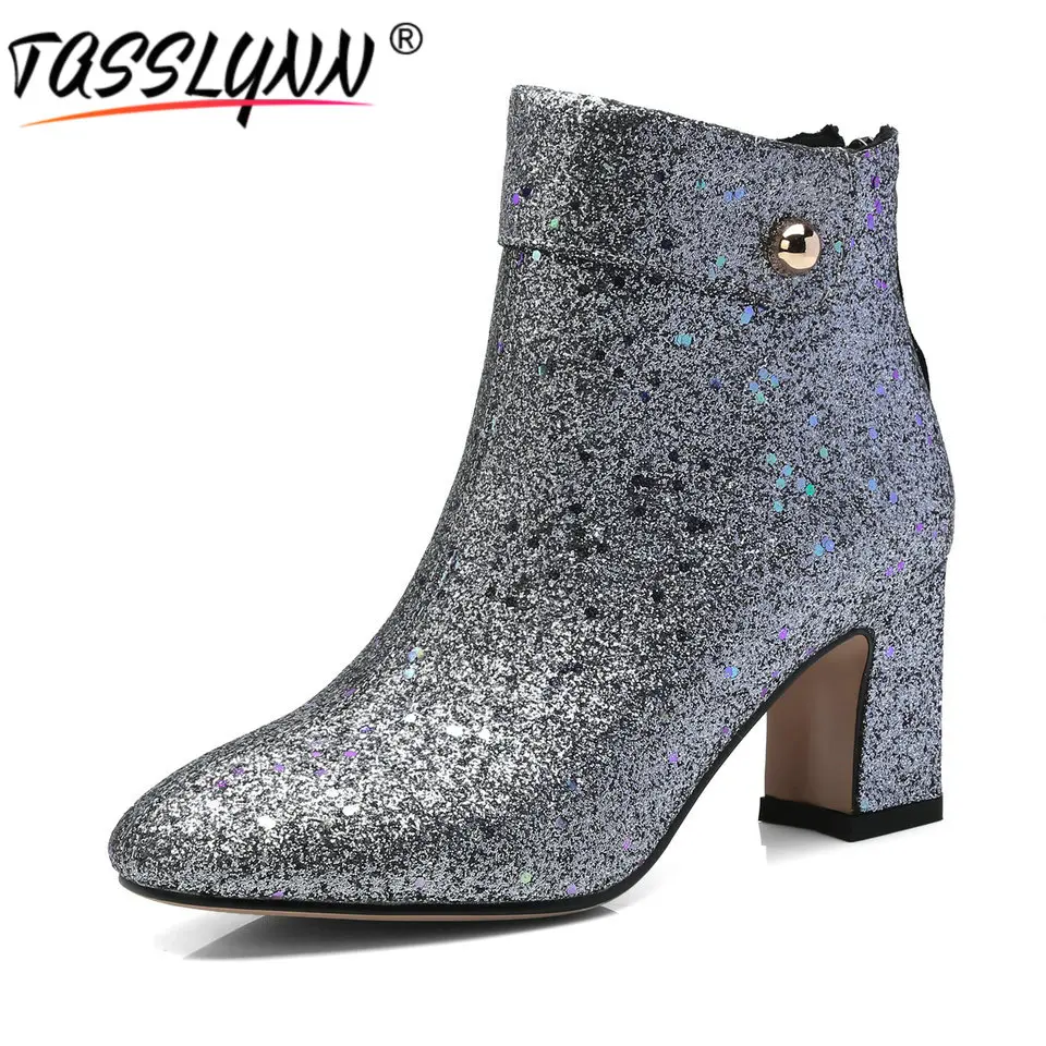 

TASSLYNN 2019 Women Boots Square Toe Autumn Shoes Woman Zipper Square Heels Ankle Boots Bling Party Women Shoes Plus Size 34-43