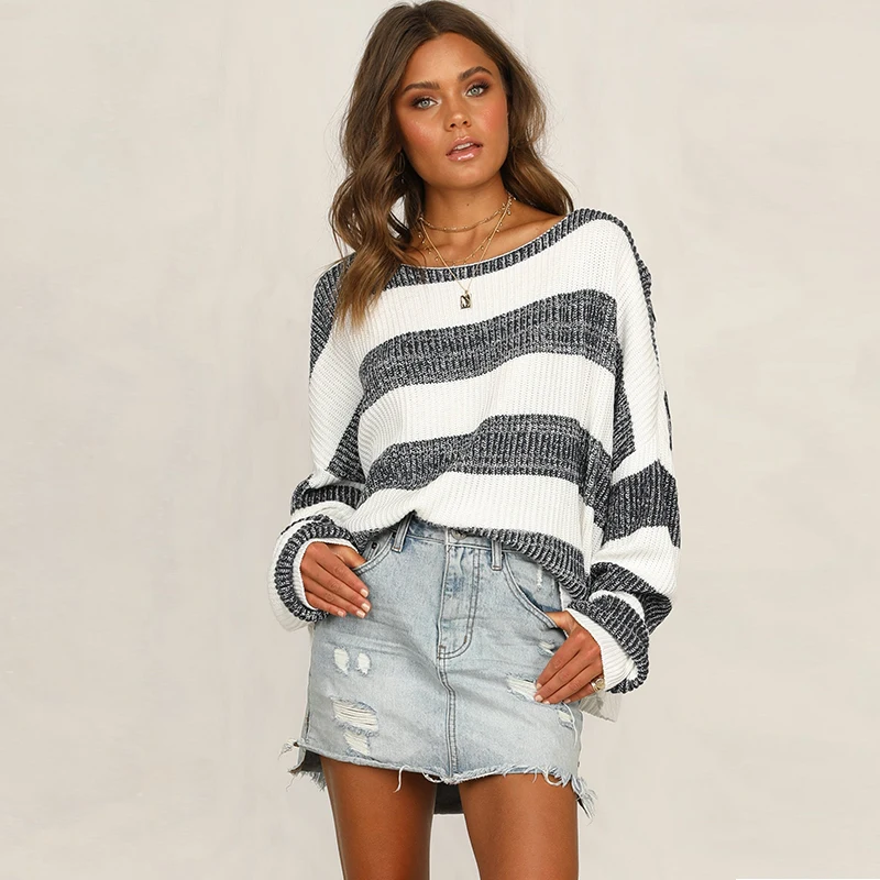 

2019 high quality autumn winter sweaters new women's pullover fashion Stripe splicing loose large size patchwork color matching