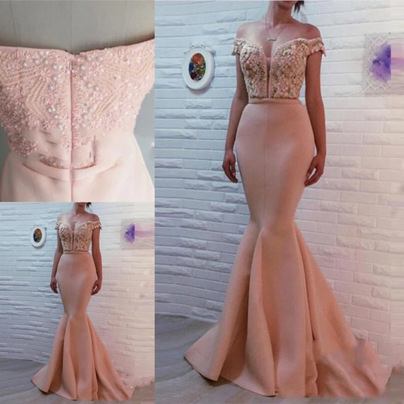 Pink Mermaid Prom Dresses Off the Shoulder Sexy Beadings Formal Party Evening Gowns vestidos de fiesta robe de soiree gala