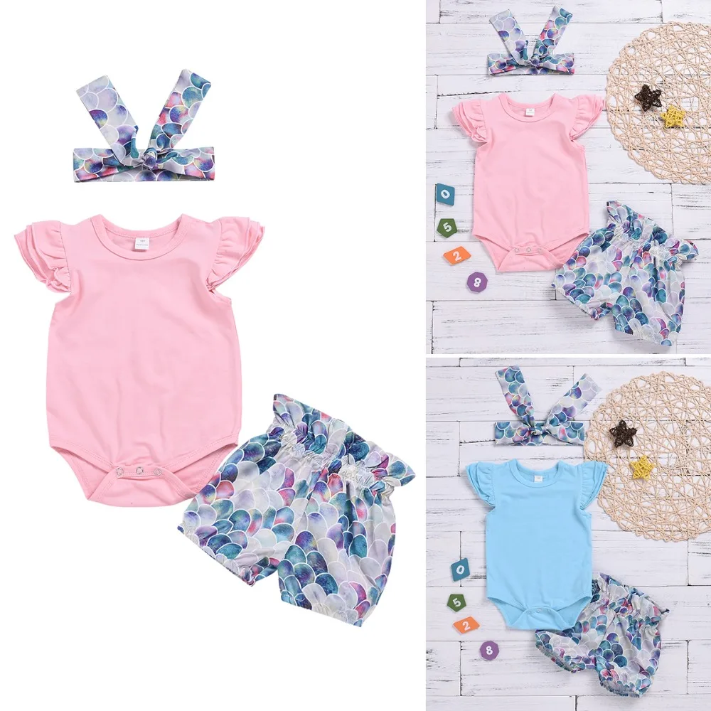 Летние для новорожденных девочек 3 шт./компл. Комплекты одежды короткий рукав для малыша сплошной комбинезон топы + рыбьей чешуи печати