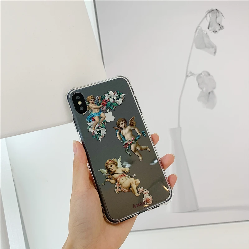 Roman mythology Angel Cupid Art Paint Case for iPhone X Xs Max XR 6 6s 7 8 plus cute flower Clear soft silicon Phone Cover Coque