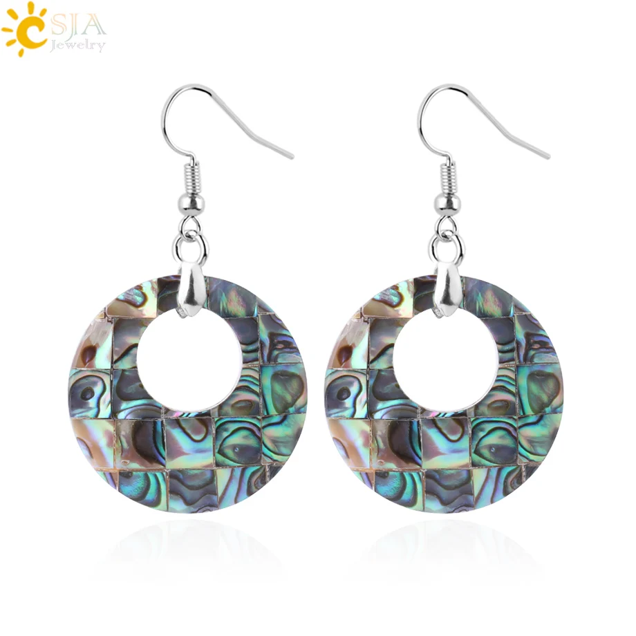

CSJA Retro Donut Earrings Natural Abalone Seashell Pink White Colorful Dangle Earring for Women Round Drop Pendants Jewelry F870
