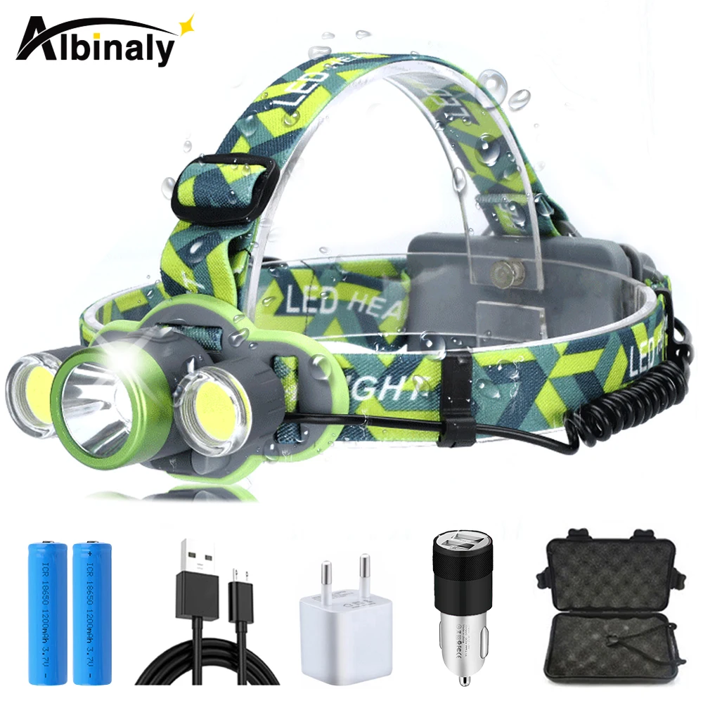 

USB charging headlight super bright T6 + 2COB LED headlamp 5 kinds of lighting mode waterproof outdoor searchlight fishing light