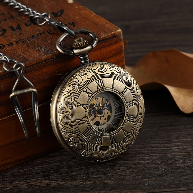 Dupla Face Mecânica Pocket Ver Homens Oco Steampunk Esqueleto Mão Vento Vintage Pocket & Fob Relógio Masculino Relógio Cintura Cadeia - Image 5