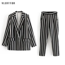 2019 Autumn Black And White Striped Women Pant Suits Work Office Ladies Blazer Jacket Coat & Trouser Female Suit Two Piece Sets