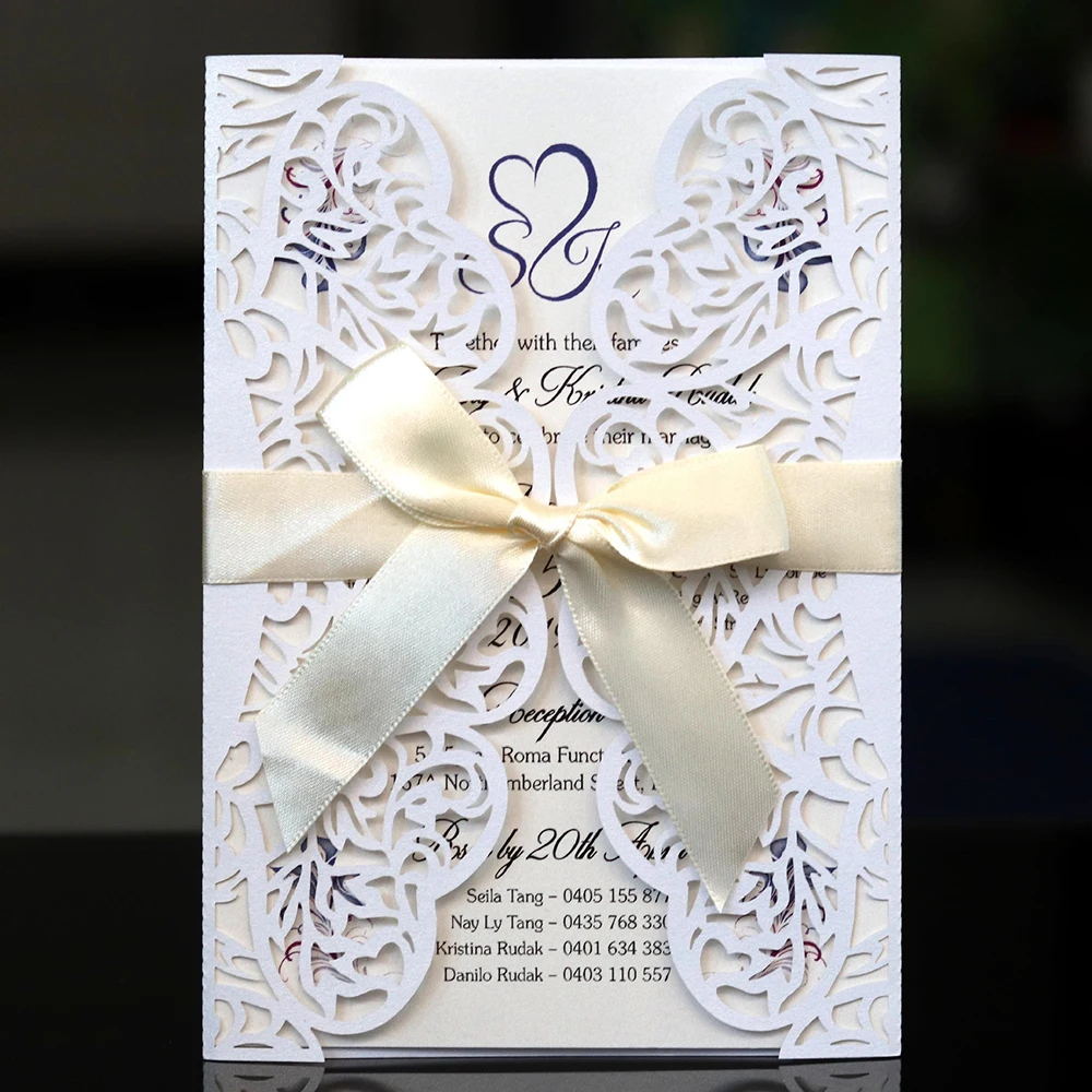  10pcs/set Hollow Laser Cut Wedding Invitations Elegant Engagement Wedding Invitation Card With Ribb - 33037789734