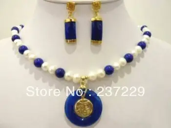 

Wholesale price Fast shipping + aBeautiful! blue stone AA Natural pearl necklace earring set hot