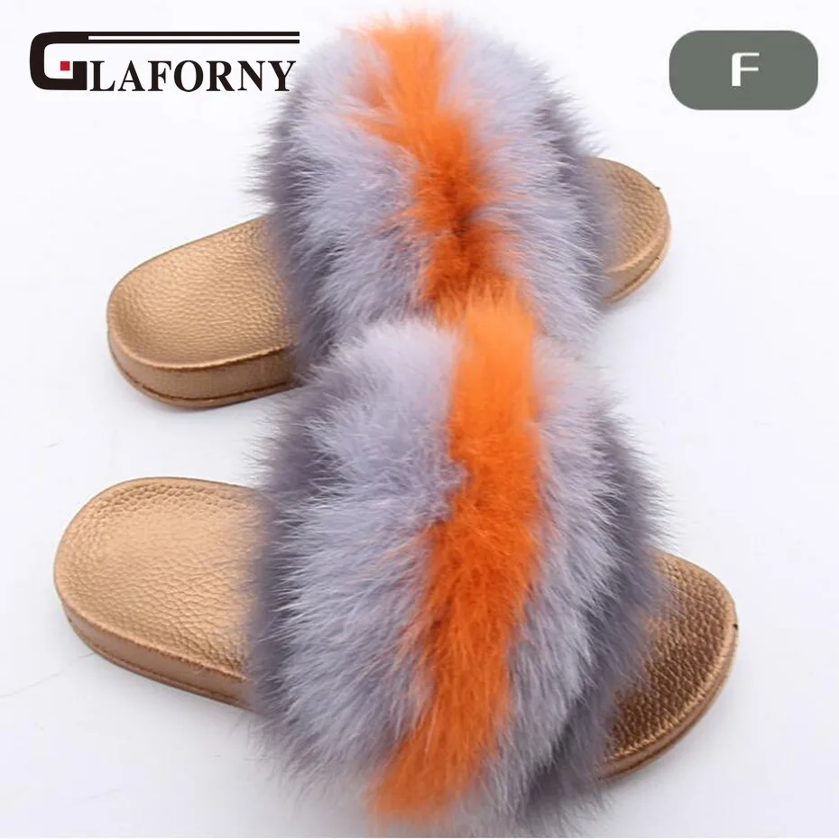 Glaforny/ меховые тапочки с натуральным лисьим мехом; женские шлепанцы; модные весенне-летние пушистые меховые женские разноцветные босоножки на меху; цвет золотой
