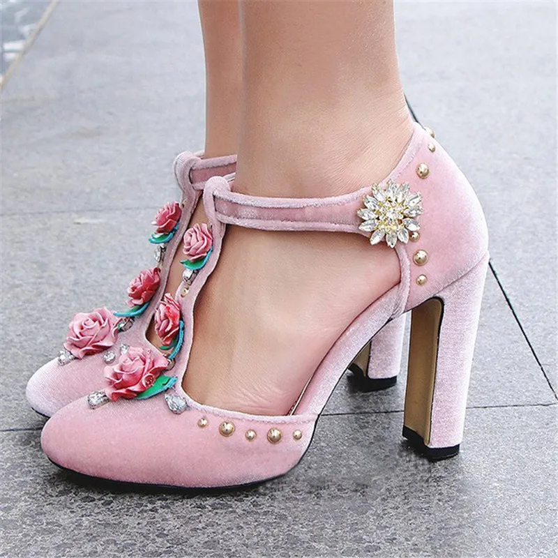 

Hanbaidi Luxury Velvet High Heel Shoes Women Round Toe Rhinestone Diamond Flower Mary Janes Party Shoes Woman Celebrity Shoes 43