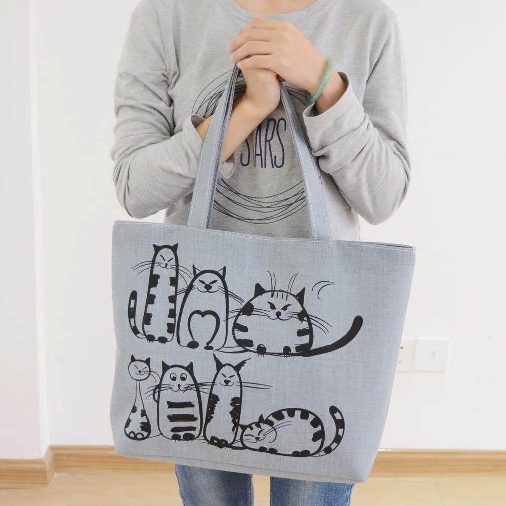 Famous Brands 2016 Cartoon Cats Printed Beach Zipper Bag Bolsa Feminina Canvas Tote Shopping Handbags sac a main femme de marque
