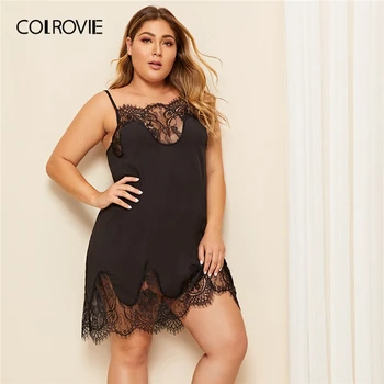 

COLROVIE Plus Eyelash Floral Lace Cami Dress Women Black Sexy Nightgowns 2019 Summer Sleeveless Cami Solid Night Dresses