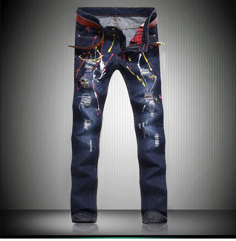 

216 Mens Ripped Biker Pomo Jeans Hole Paint Blue Slim Fit Motorcycle Jeans Men Vintage Distressed Rap Denim Jeans Pants For Men