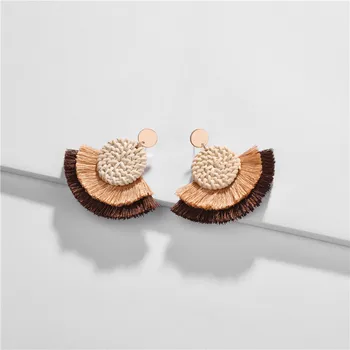 

Fall New Design Layered Fringed Tassel Statement Earrings Handmade Rattan Drop Earring