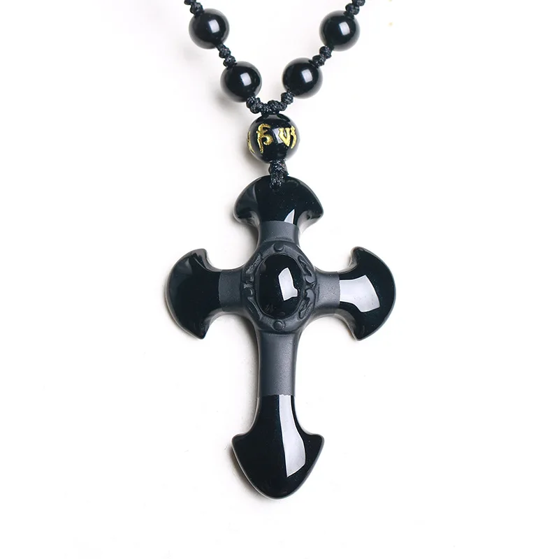 

Drop Shipping Natural Black Obsidian Carved Cross Lucky pendant free beads necklace for woman man Hand carved Pendants Jewelry