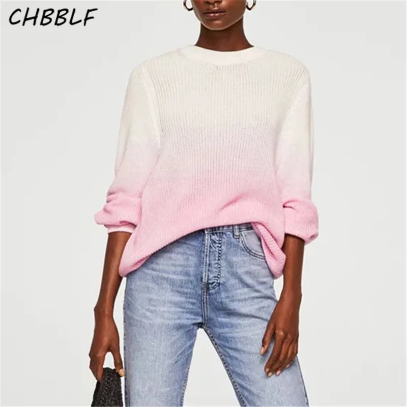 

CHBBLF women elegant Gradient color knitted sweaters long sleeve pullovers female casual loose tops JHN1035