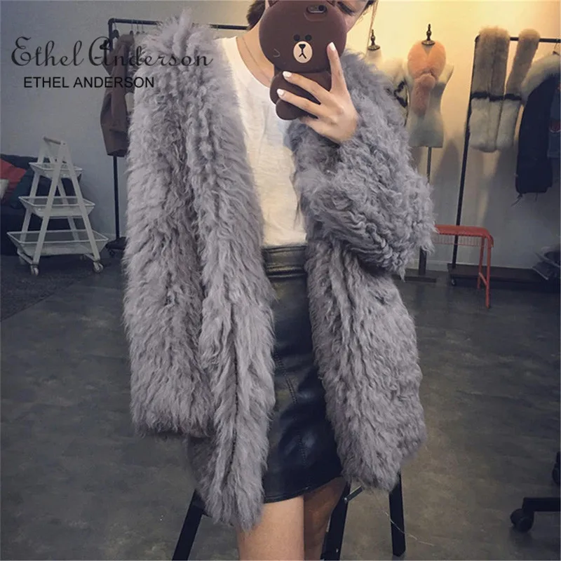 

ETHEL ANDERSON Whole Skin Tan Lamb Fur Coats Women's 70CM Mid-Long High Quality Fashion Women Luxurious Lambskin Lamb Fur Parka