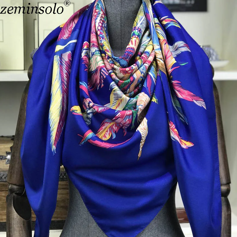Пончо, шелковый шарф, женский роскошный бренд, хиджаб, квадратные шарфы, модные принтованные шарфы, бандана, Большие шали, палантины 130*130 см - Цвет: Синий